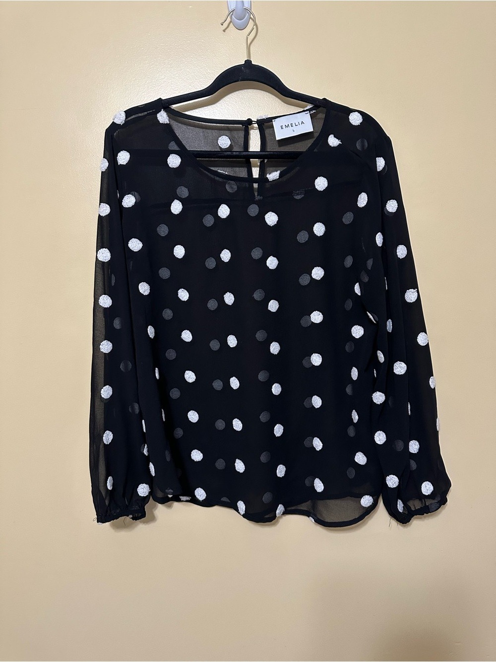 Emelia Sheer Polka Dot Long Sleeve Blouse Women L Black White Textured